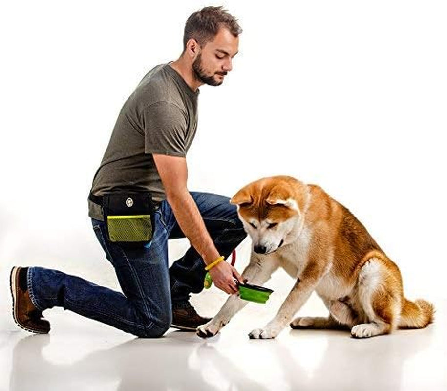 Dog Treat Pouch - Premium Training Treat Bag with Clicker and Collapsible Bowl for Dogs, Adjustable Waist and Shoulder Reflective Straps and Belt Clip, Ideal for Pet Obedience and Agility Training