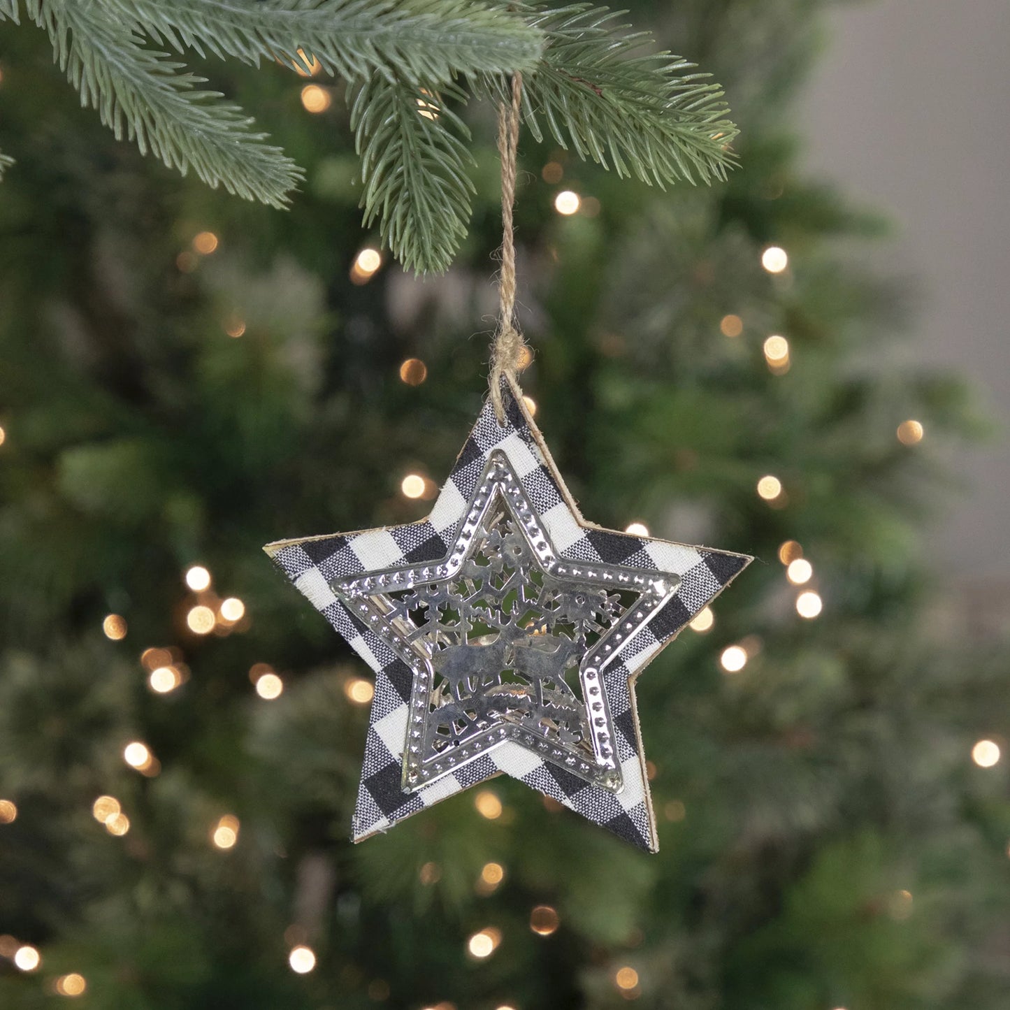 5" Black and White Buffalo Plaid Star with Reindeer Christmas Ornament