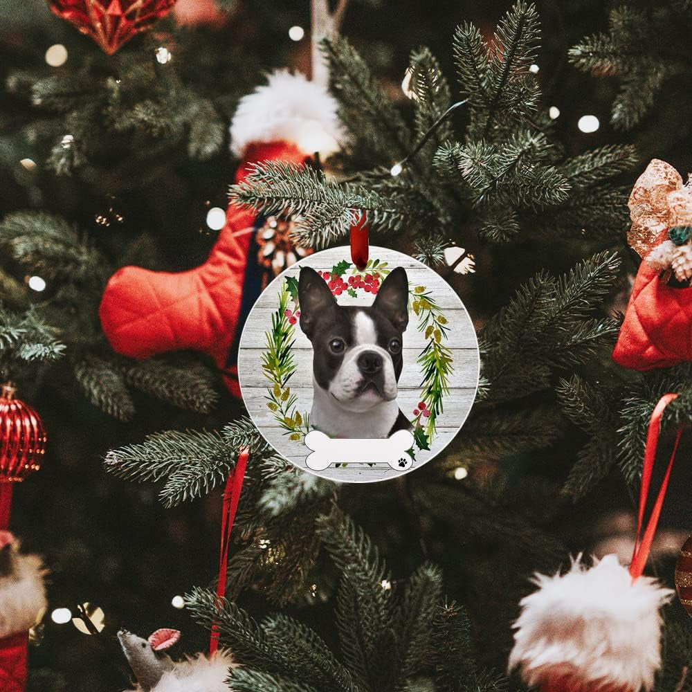 Boston Terrier Ornament -  - DIY Personalizable - Dog Gifts - Ceramic round Ornament with Glazed Finish - X-Mas Decoration - Christmas Ornaments Craft Gifts - Ornaments for Pet Lovers