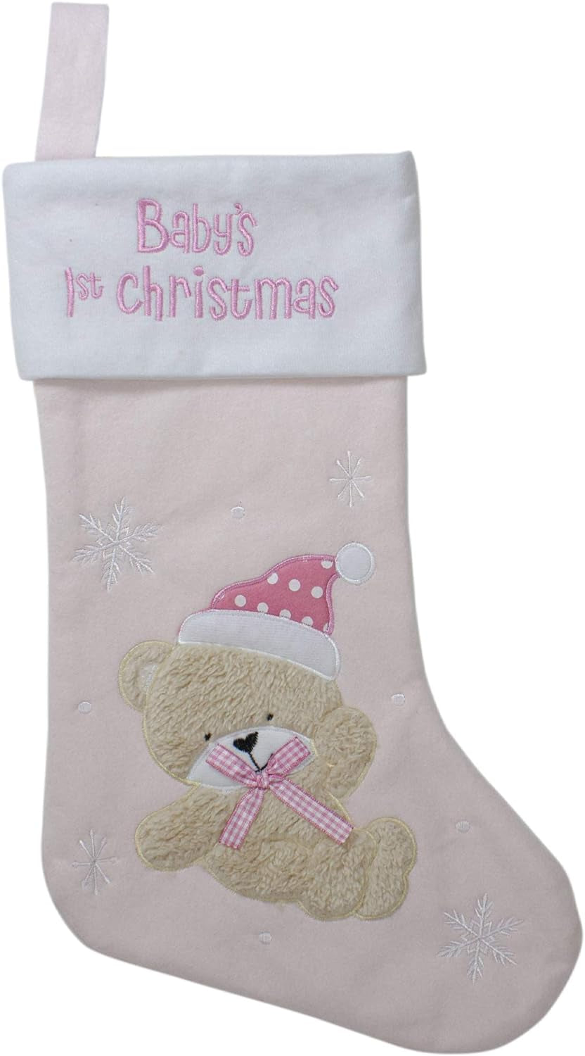 Baby'S 1St Embroidered Teddy Bear Christmas Stocking, 19", White/Pink