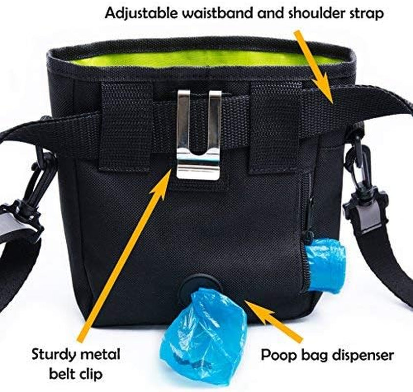 Dog Treat Pouch - Premium Training Treat Bag with Clicker and Collapsible Bowl for Dogs, Adjustable Waist and Shoulder Reflective Straps and Belt Clip, Ideal for Pet Obedience and Agility Training