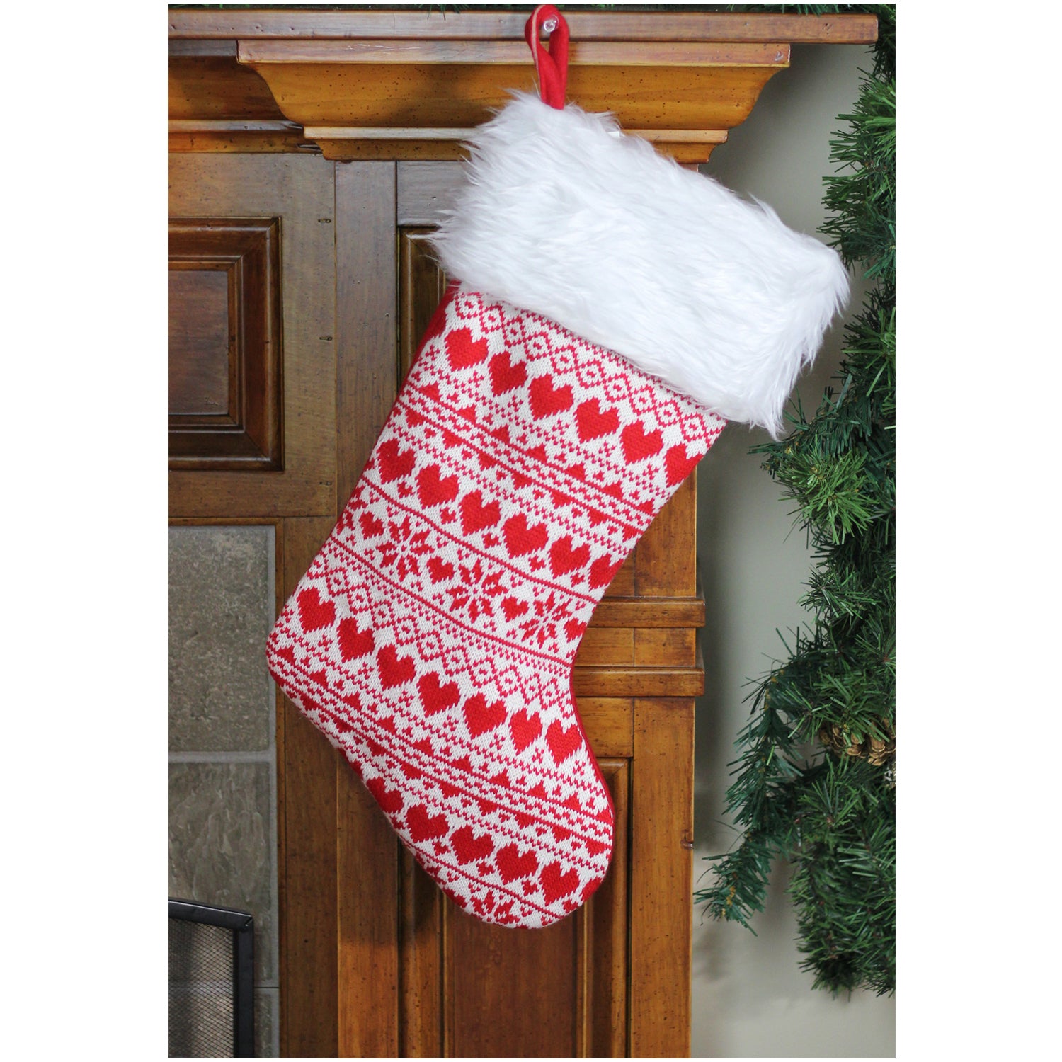 19" Red and White Hearts with Snowflakes Knit Christmas Stocking Faux Fur Cuff