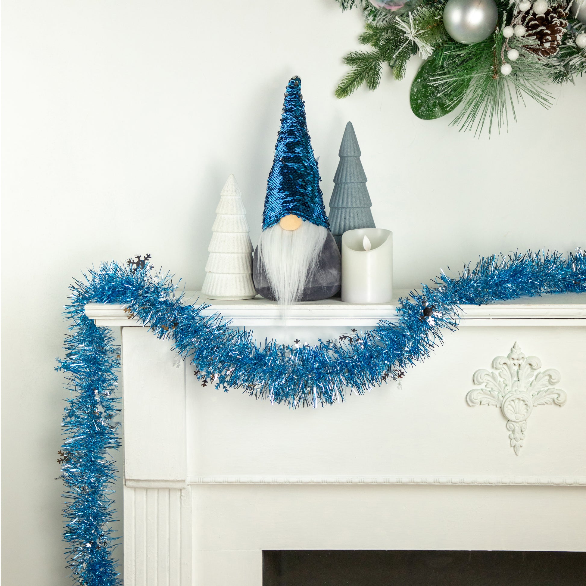 12' X 3" Sky Blue and Silver Snowflakes Christmas Tinsel Garland - Unlit