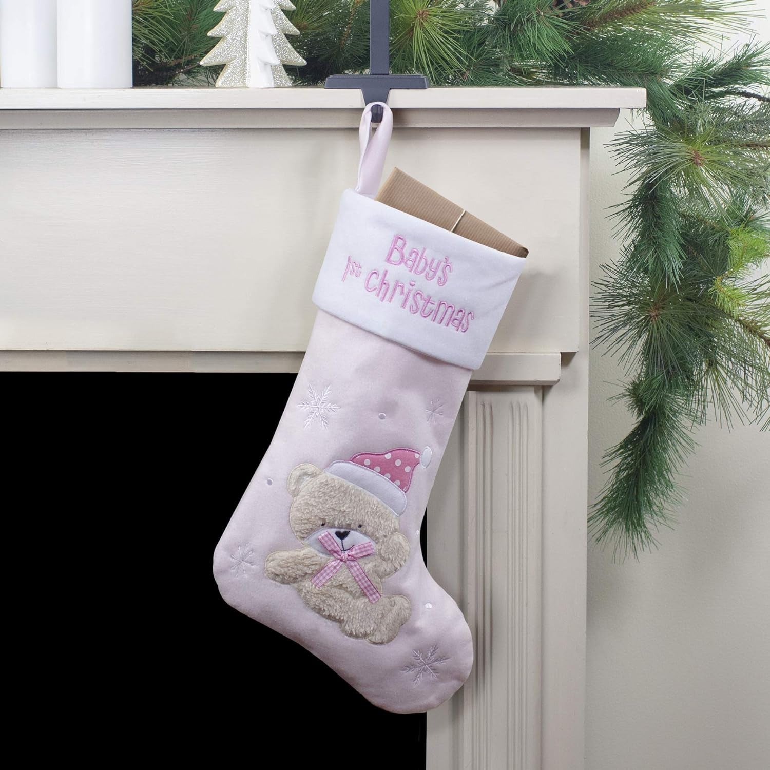 Baby'S 1St Embroidered Teddy Bear Christmas Stocking, 19", White/Pink