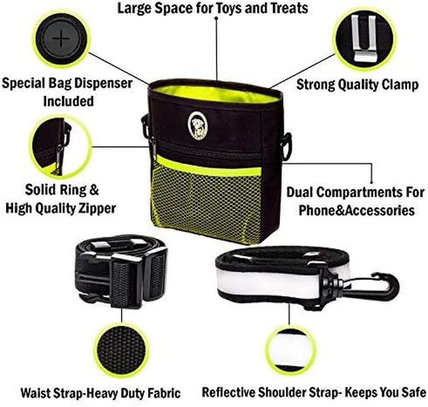 Dog Treat Pouch - Premium Training Treat Bag with Clicker and Collapsible Bowl for Dogs, Adjustable Waist and Shoulder Reflective Straps and Belt Clip, Ideal for Pet Obedience and Agility Training