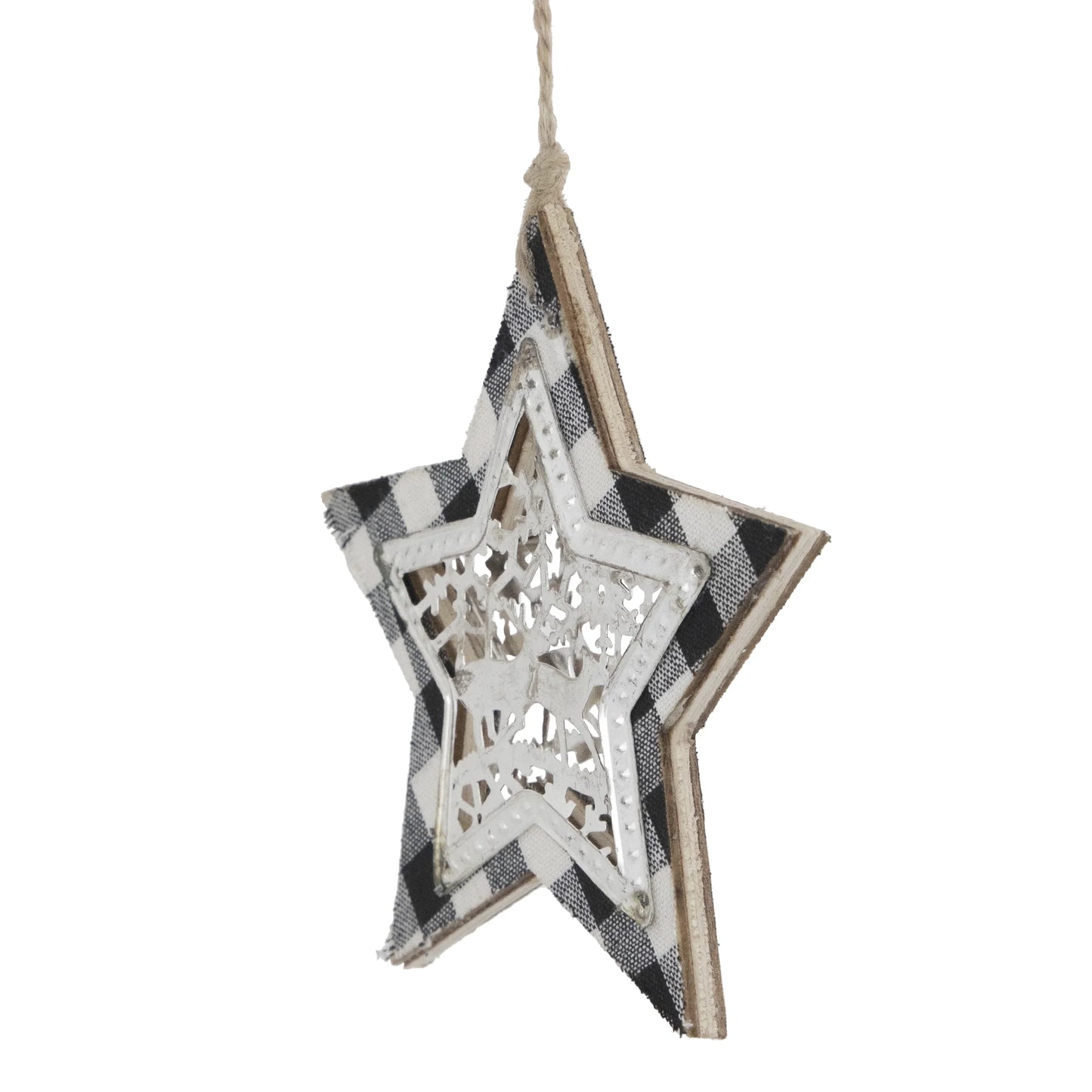 5" Black and White Buffalo Plaid Star with Reindeer Christmas Ornament