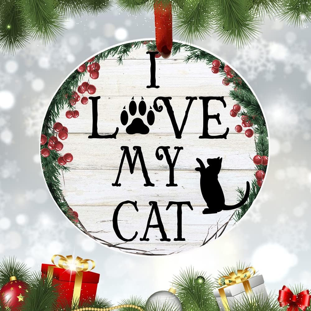 I Love My Cat Ornament - E&S Pets - DIY Personalizable - Cat Gifts - Ceramic round with Glazed Finish - X-Mas Decoration - Christmas Ornaments Craft Gifts - Ornaments for Pet Lovers