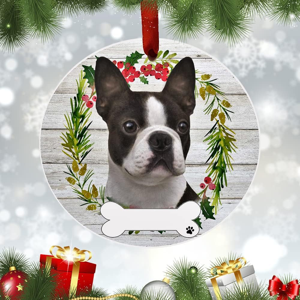 Boston Terrier Ornament -  - DIY Personalizable - Dog Gifts - Ceramic round Ornament with Glazed Finish - X-Mas Decoration - Christmas Ornaments Craft Gifts - Ornaments for Pet Lovers