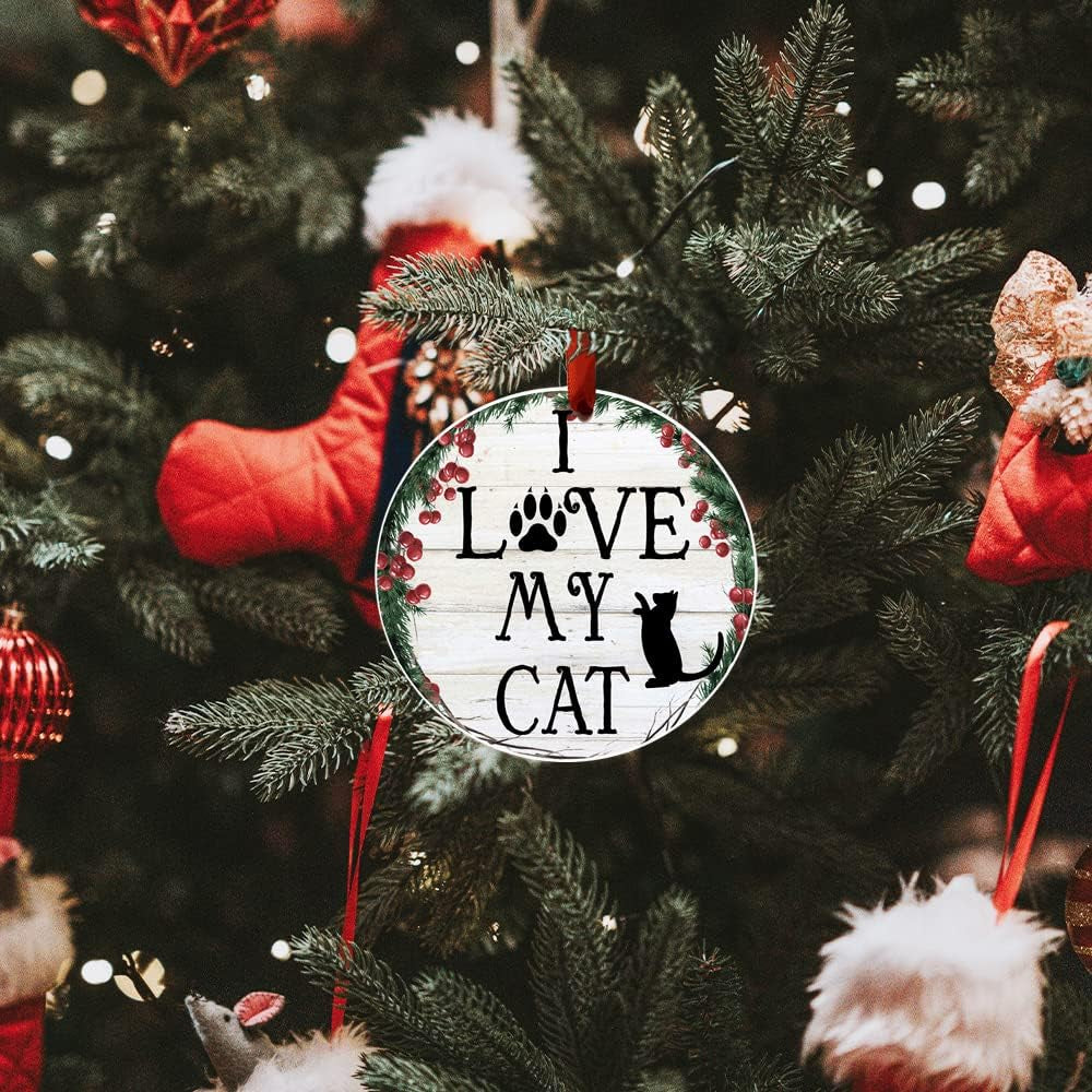 I Love My Cat Ornament - E&S Pets - DIY Personalizable - Cat Gifts - Ceramic round with Glazed Finish - X-Mas Decoration - Christmas Ornaments Craft Gifts - Ornaments for Pet Lovers