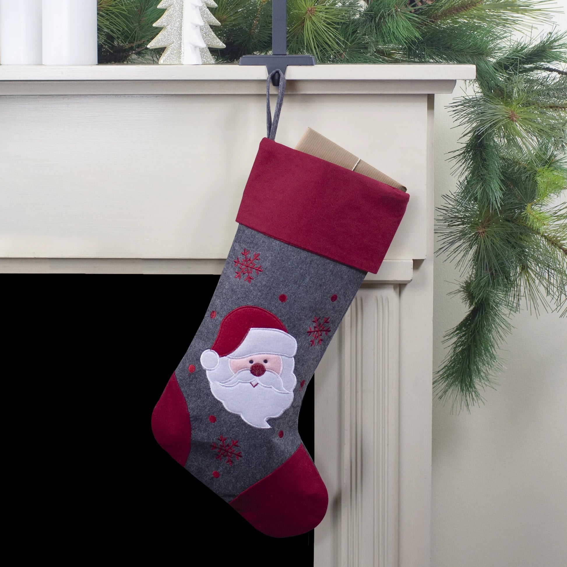 19" Gray and Red Embroidered Santa Claus Christmas Stocking