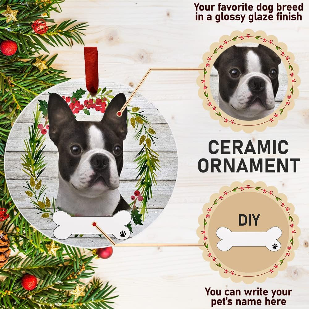 Boston Terrier Ornament -  - DIY Personalizable - Dog Gifts - Ceramic round Ornament with Glazed Finish - X-Mas Decoration - Christmas Ornaments Craft Gifts - Ornaments for Pet Lovers