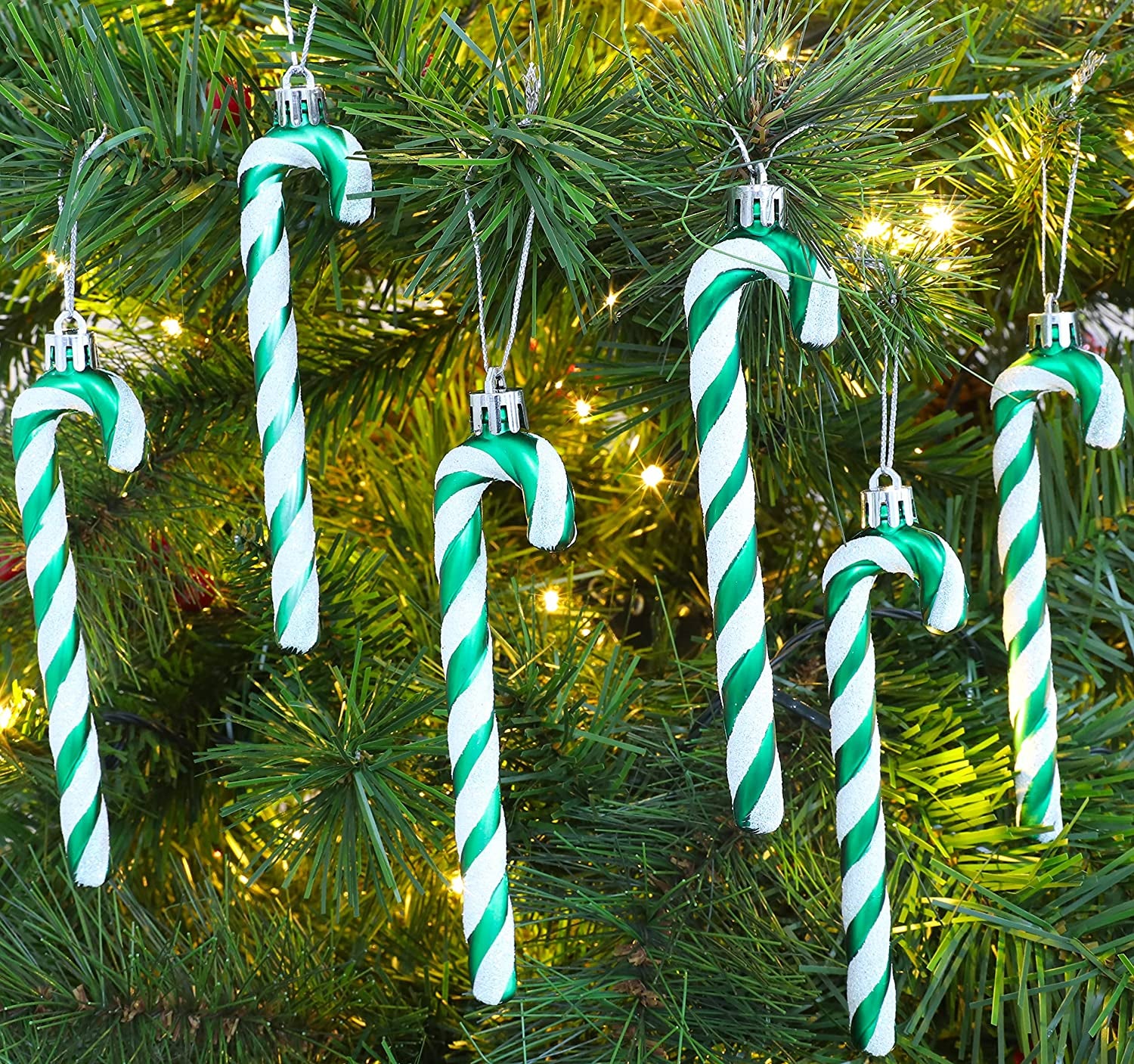 ® Pack of 6-13Cm Glitter Candy Cane Christmas Tree Decorations/Ornaments (Emerald Green)