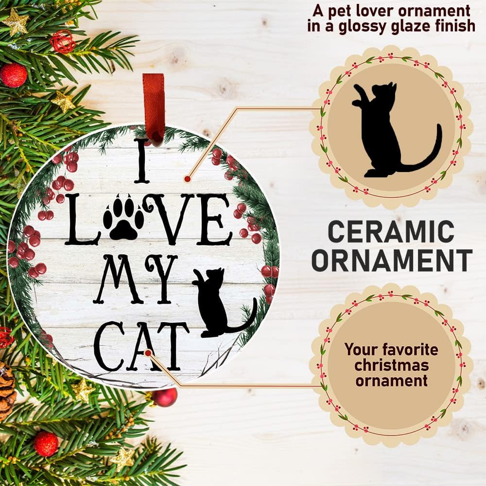 I Love My Cat Ornament - E&S Pets - DIY Personalizable - Cat Gifts - Ceramic round with Glazed Finish - X-Mas Decoration - Christmas Ornaments Craft Gifts - Ornaments for Pet Lovers